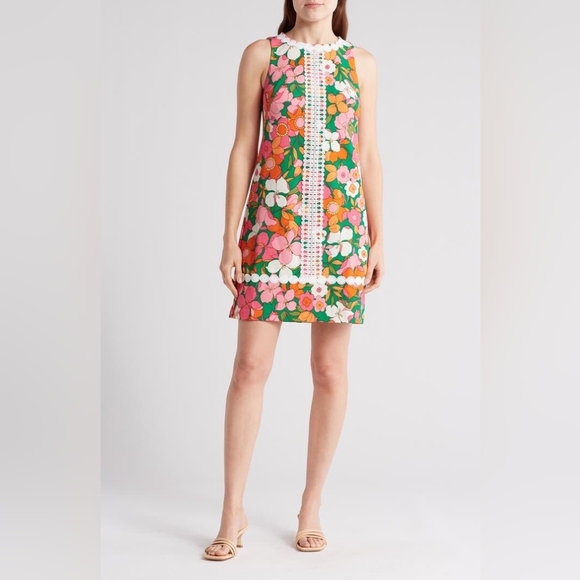 Eliza J Mod Shift Style Dress Women’s Sz 4 Green Floral Flowers Lace Colorful - Picture 1 of 8